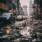 Garbage on a wet empty city street. Polluted with plastic bottles and trash, a poor neighborhood with skyscrapers on a rainy