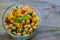 Garbanzo bean salad in glass bowl