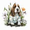 Garden Adventure: Basset Hound Puppy in Pajamas Discovering the Beauty of Springtime Flowers AI Generated