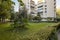 Garden area with hedges and palms at the foot of some buildings with terraces with blue awnings