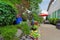 Garden Backyard with Patio Seating and Umbrella