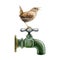 Garden bird perched on a vintage style metal water tap. Watercolor illustration. Hand painted singing wren on a garden