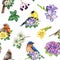 Garden birds with floral decor seamless pattern. Watercolor painted illustration. Hand drawn garden birds, flowers