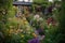 garden with blooming flowers, humming bees and buzzing flies