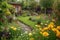 garden with blooming flowers, humming bees and buzzing flies