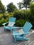 Garden: blue chairs on wooden deck