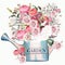 Garden blue watering can with pink and white roses, fashion vector illustration in vintage watercolor style