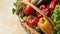 Garden Bounty: Captivating Closeup of Fresh Ripe Vegetables in a Beige Basket -