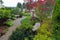 Garden with Brick Path Stone Benches and Water Fountain