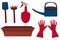 Garden bright set: shovel, rake, sprinkler, watering can, gloves and plant tray, vector