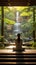 Garden of calm: woman in deep contemplation amidst greenery and zen decorations