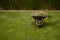 Garden cart with freshly cut green grass large t on the lawn. Garden works