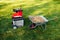 Garden chipper, electric shredder mulcher with wheelbarrow full of wooden mulch