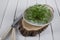 Garden cress on white plate with fork and knife. Healthy vegetarian food