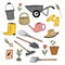 Garden doodle collection. Garden tools,plants. Hand-drawn color vector bucket, basket, wheelbarrow, rubber boots, straw