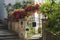 Garden door with Rose shrubs at the castle stairs, Baden-Baden, Black Forest, Baden-Wurttemberg, Germany, Europe