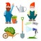 Garden dwarf, working tools for gardening, metal spade, watering can