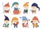 Garden dwarfs. Cartoon gnome, tiny forest elf. Cute fairy tale characters, funny magic men elves. Leprechaun with