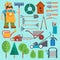 Garden equipment and gardener vector farmer flat set character with beard and rake illustration. Set of agriculture