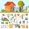 Garden farm instruments tools and farmer family near house various agricultural tools for gardening care colorful vector