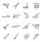 Garden. farm tools thin line icons set isolated on white. Pruner, irrigator, lawn mower.