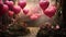 A garden filled with heart balloons of various sizes, creating a