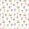 Garden flowers pattern. Colorful tulips daisy, green plant in ground. Planting or gardening, season floral textile print