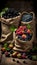 Garden, forest fruit in linen or paper bags. Set of fresh blackberries, blueberries, strawberries in a dark arrangement.