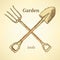 Garden fork and shovel, background in sketch style