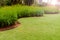 Garden with fresh green grass both shrub and flower front lawn background, Garden landscape design Fresh grass smooth lawn with cu