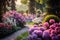 Garden full of white, pink, blue flowers, pine trees falling rays of light in the middle of the path. Flowering flowers, a symbol