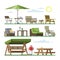 Garden furniture vector table chair seat on terrace design outdoor in summer backyard outside illustration gardening