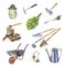 Garden or garage instruments or tools. Watercolor set of wheelbarrow, watering can, rake, shovel and etc