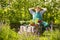 Garden gardener straw hat laughing