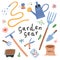 Garden gear, gardening tools and supplies for farmers. Watering can, rake and showel, isolated vector illustrations