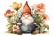 Garden gnome with coffee mug and flowers watercolor illustration, coffee lovers. Generative AI