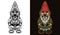 Garden gnome full length vector illustration in two styles black on white and colorful on dark background