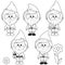 Garden gnomes collection. Cute garden gnomes collection in the garden in springtime. Vector black and white coloring page.