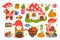 Garden gnomes. Cute dwarfs characters. Magical little men and mushroom home. Cartoon gardening tools and elements. Funny