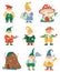 Garden gnomes. Fairytale dwarf elves characters and their houses. Cute mushroom elf house. Flat cartoon happy fairy tale