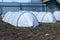 Garden greenhouses in the form of arches covered with fiber. Garden.