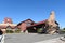 GARDEN GROVE, CALIFORNIA - 31 MAR 2021: Entrance to the Great Wolf Lodge, with howling wolf statue, an indoor water park and