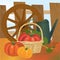 Garden harvest with vegetables and different gardening equipment, tools. Vector illustration.
