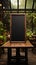 Garden inspired dining A blank menu blackboard, complemented by lush potted greenery