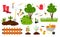 Garden inventory. Cartoon seeds plans seedlings bushes and trees, garden tools for ground and soil work. Vector isolated
