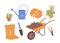 Garden items isolated set for backyard flowerbed care, planting work in orchard or agricultural farm