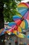 Garden of the Jewish Cultural Centre in Kazimierz, the historic Jewish quarter of Krakow, Poland with brightly coloured umbrellas.