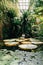 Garden jungle greenhouse interior with pond and lilies. Biophilic design concept