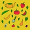 Garden lake, banana, strawberries, avocado, tomato, apple, pear, watermelon on a pink, yellow, blue, salad, blue background. The d