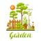 Garden landscape illustration with plants. Season gardening concept